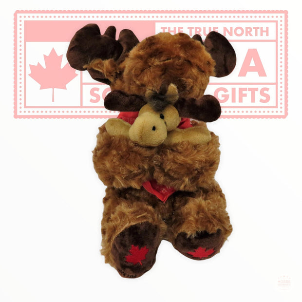 Canada Moose Hugging Baby Moose with With Maple Leaf Scarf Around the Neck 10” | Adorable Playtime Sitting Moose Plush Toy | Cute Wild Life Cuddle Gift | Super Soft Plush Animal Toy for Kids and Adult