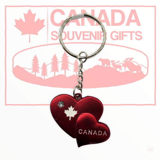 Canadian Keychain - Canada Double Red Heart Studded with Maple Leaf Key Holder