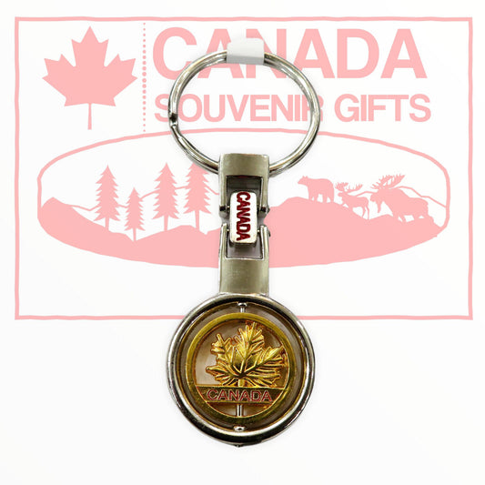 Canadian Maple Leaf Golden Circle Spinner Keychain - Metal Chrome Keyring - Golden Centre