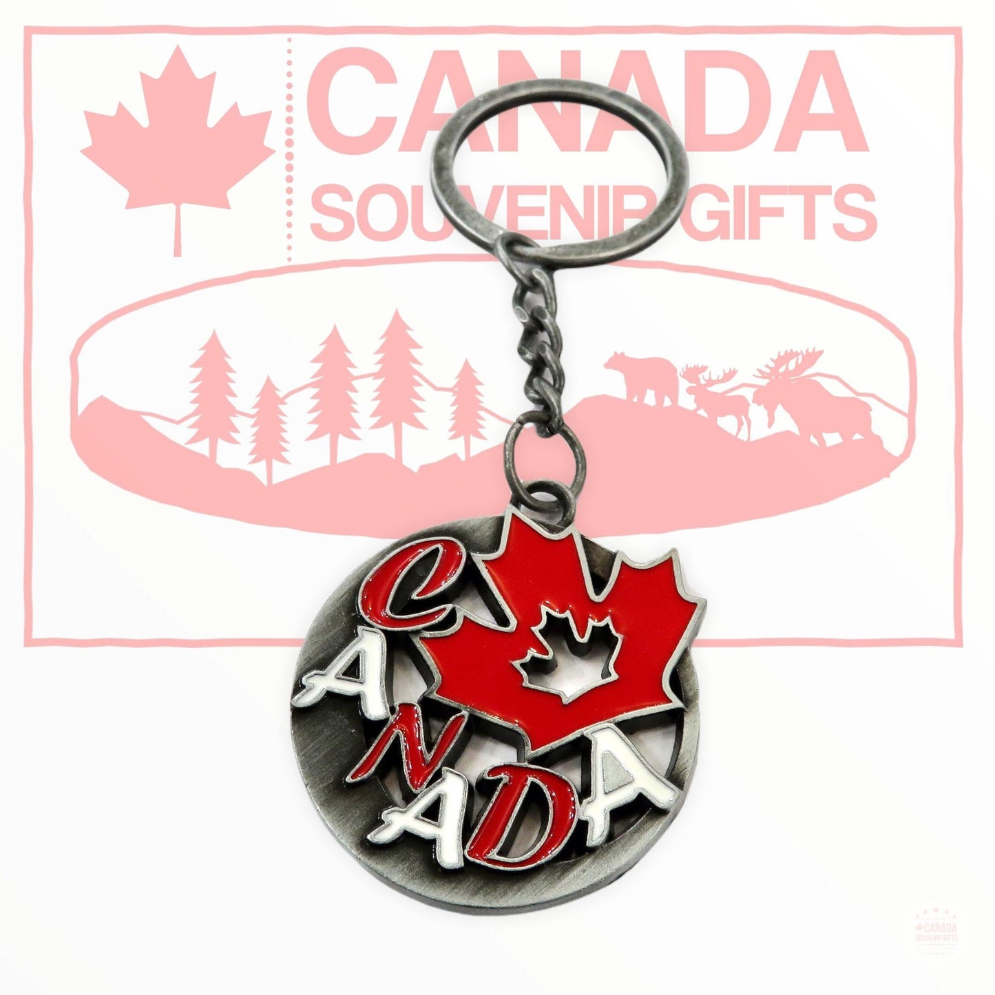 Canadian Maple Leaf Keychain with Canada Name Drop - Circle Shaped Metal Key Holder