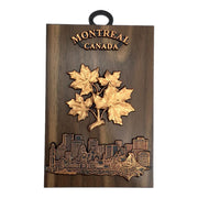 Canadian Maple Leaves Souvenir Wooden Wall Plaque Montreal Skyline Scene Figurine on Hickory 4”x6”