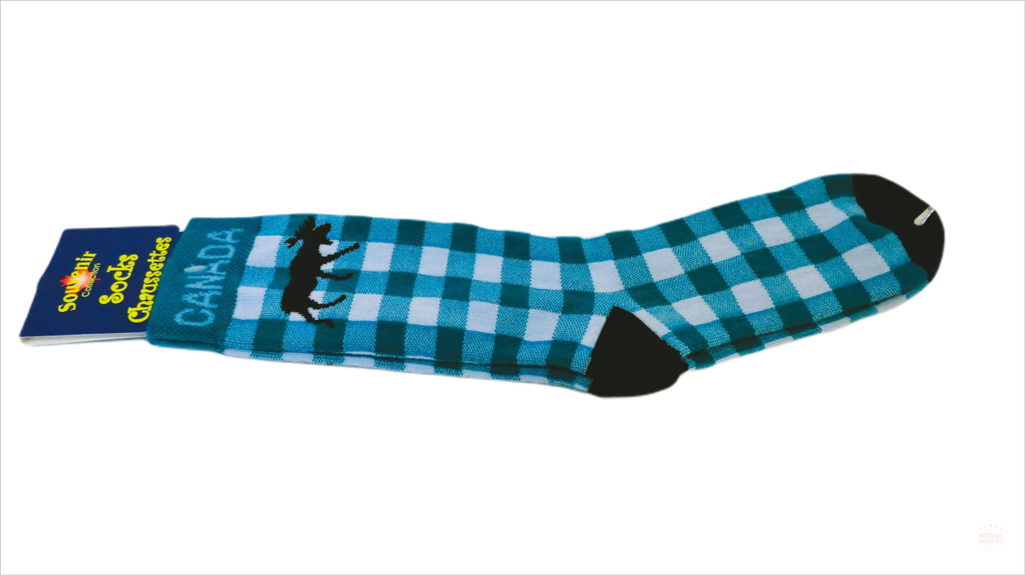 Canadian Moose Socks with White & Teal Green Checkerboard Unisex Adult Casual Socks Souvenir Collection