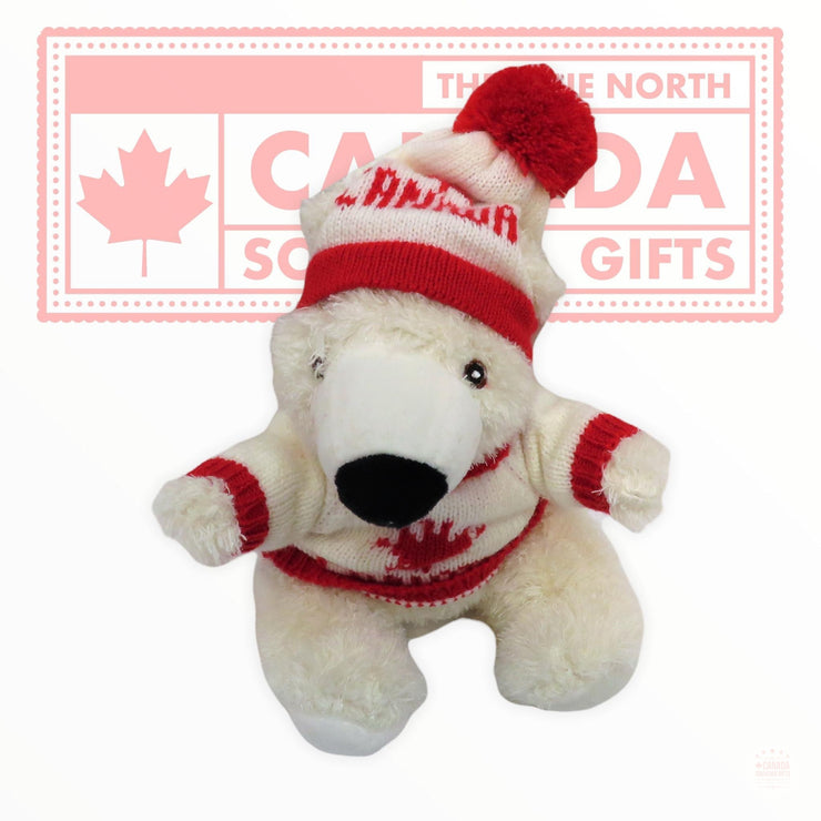 Canadian Polar Bear stuffed animal wearing sweater and toque, with Canada and maple leaf themed designed toy