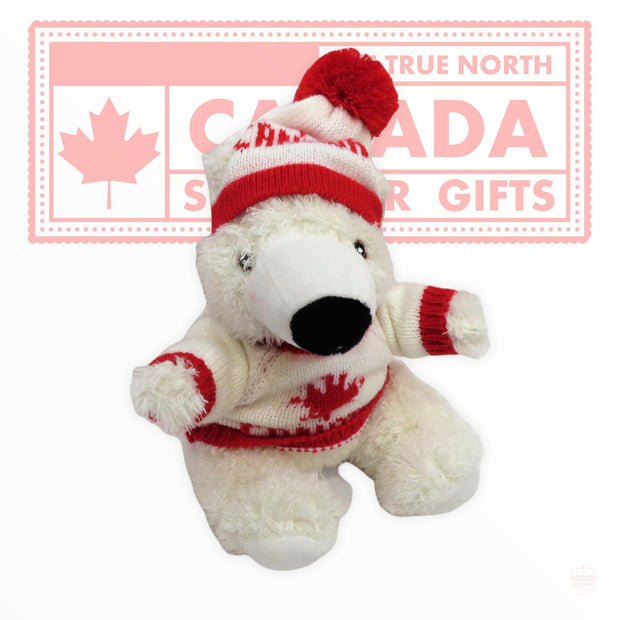 Canadian Polar Bear stuffed animal wearing sweater and toque