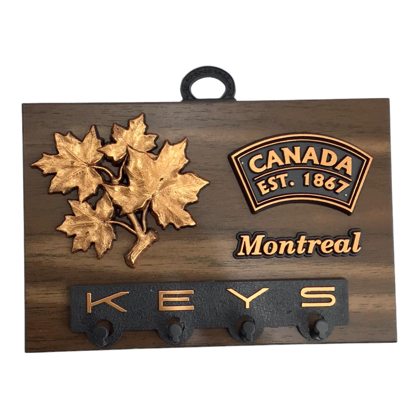 Plaque murale souvenir canadienne Feuilles d'érable avec porte-clés sur hickory 6" x 4"