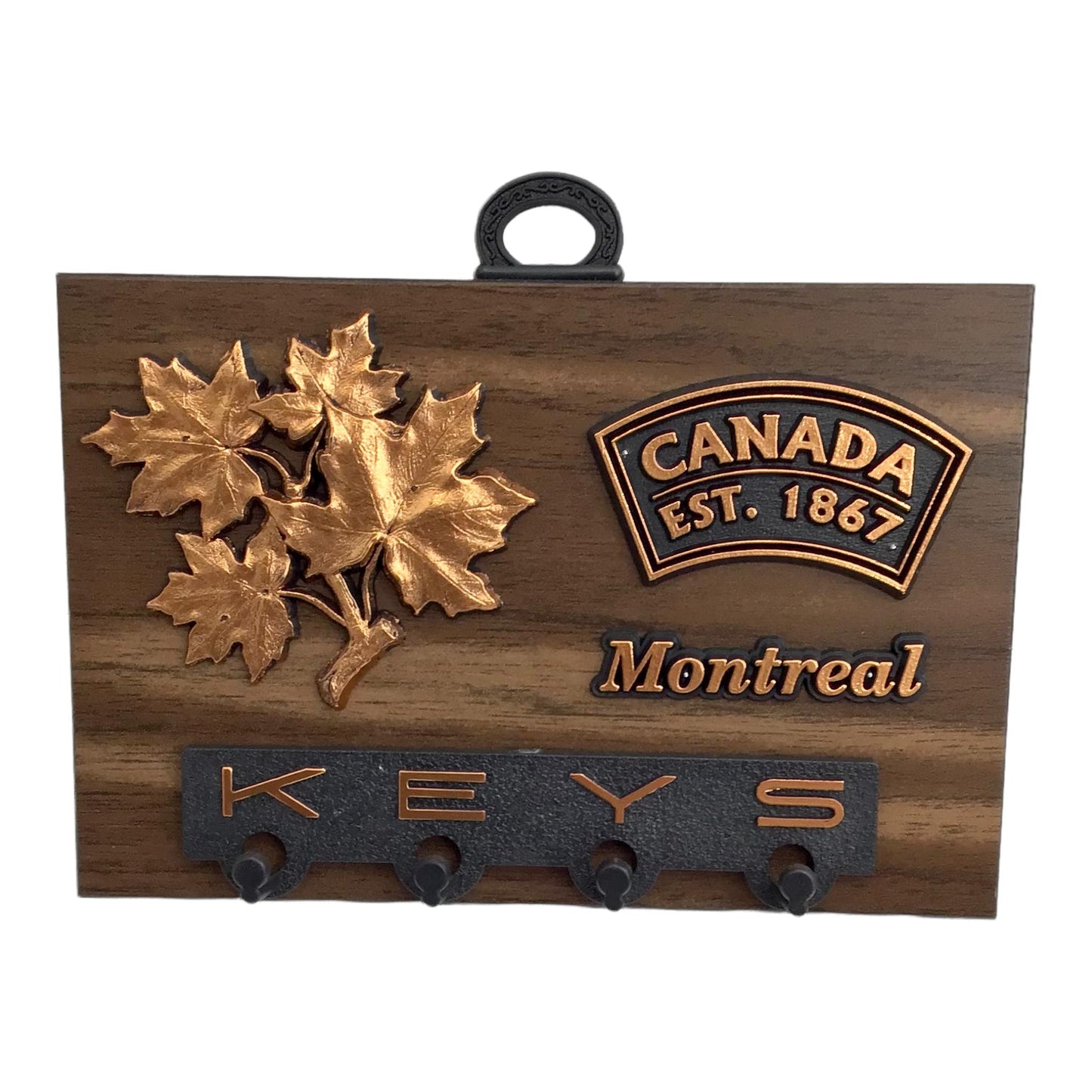 Plaque murale souvenir canadienne Feuilles d'érable avec porte-clés sur hickory 6" x 4"