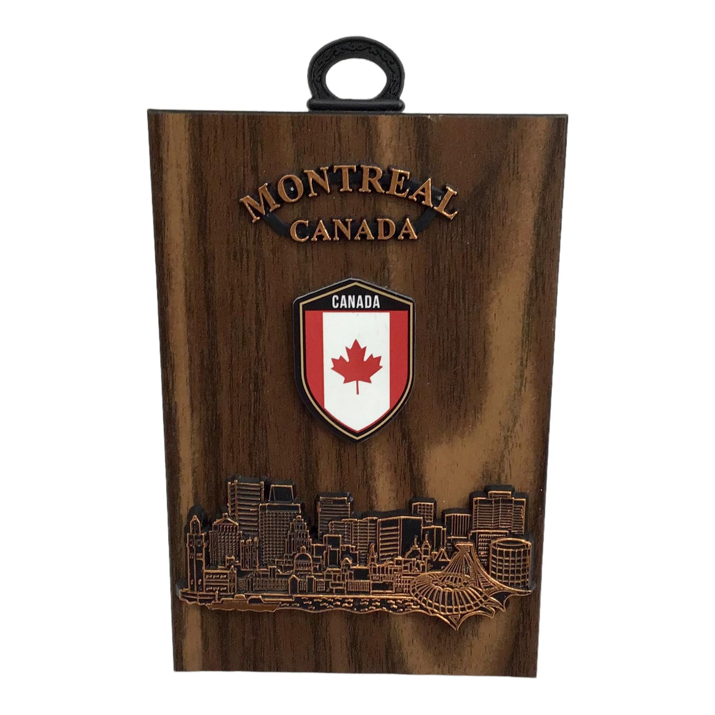 Canadian Souvenir Wooden Wall Plaque Montreal Skyline Scene Figurine on Hickory 4”x6”