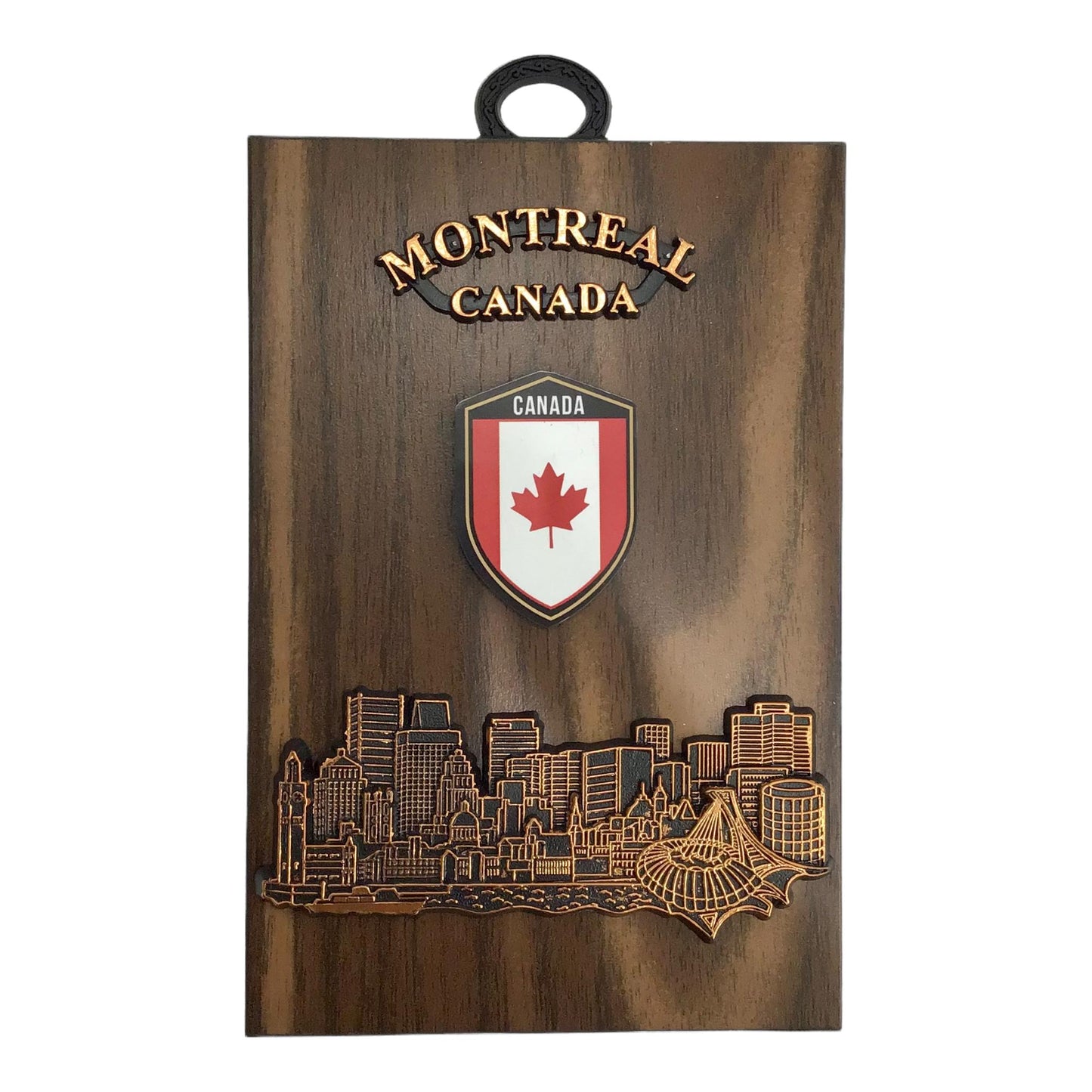 Canadian Souvenir Wooden Wall Plaque Montreal Skyline Scene Figurine on Hickory 4”x6”