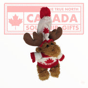 Canadian moose stuffed animal wearing sweater and toque, Canada and maple leaf themed design soft toy