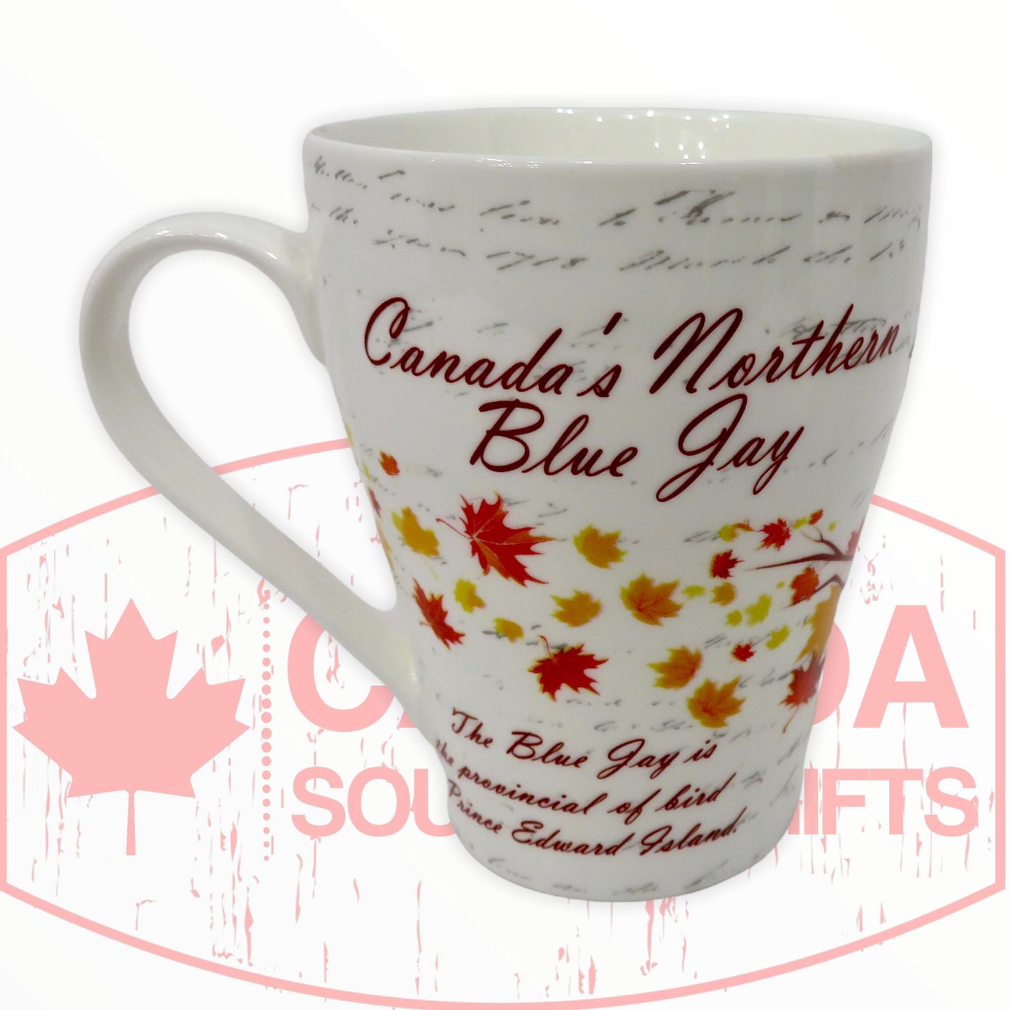 Tasse à café – Magnifique oiseau geai bleu du Nord du Canada perché sur la tasse à thé de l'arbre à feuilles d'érable avec boîte assortie