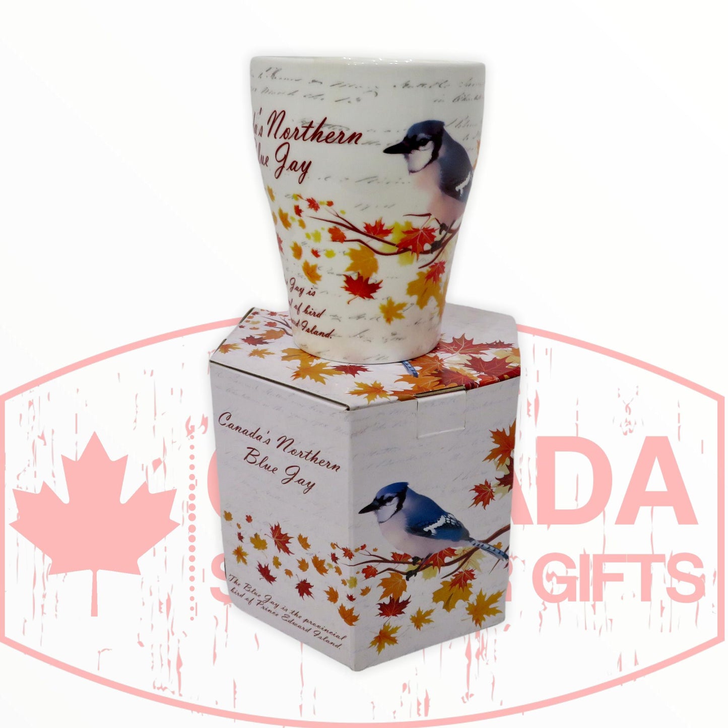 Coffee Mug - Beautiful Canada's Northern Blue Jay Bird Perched on the Maple Leaf Tree Tea Cup W/ Matching Box