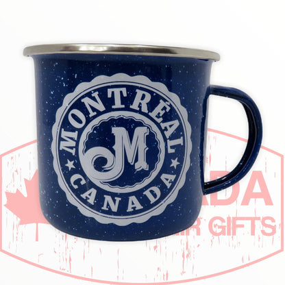 Coffee Mug – Canada Retro Blue or White Tin  “Montreal Canada Circle Themed” Tea Cup