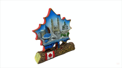 Décoration Vue sur la ville de Montréal Feuille d'érable vintage 3D sur bûche de bois avec drapeau canadien Souvenir Cadeau Céramique 3 pouces Conçu au Canada