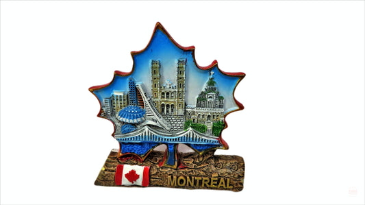 Decoration Montreal City View Vintage Maple Leaf 3D on the Wood Log w/ Canadian Flag Souvenir Gift Ceramic 3 Inches Designed in Canada
