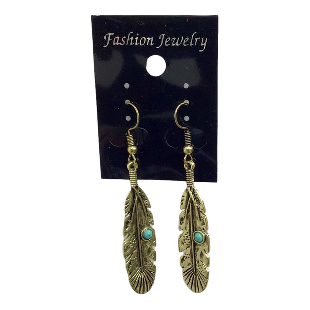 Earrings Brass Feather w/ Turquoise Bead - Canadian Souvenir Gift