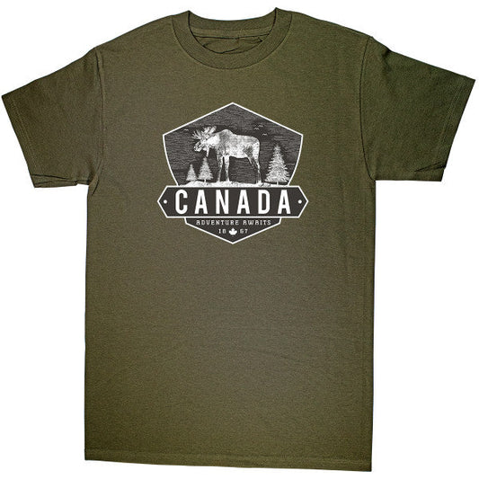 T-shirt vert forêt Canada Bouclier d'orignal texturé sur t-shirt de base pour adulte avec nom de Montréal