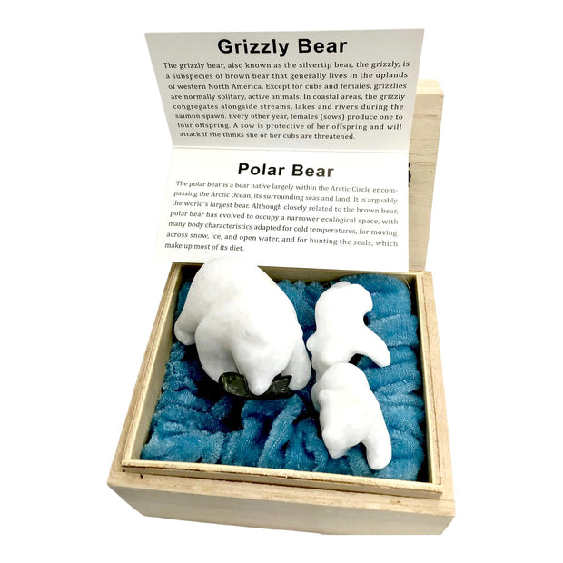 Grizzly Bear Family Set Hand Carved Star Marble & Green Jade Stone