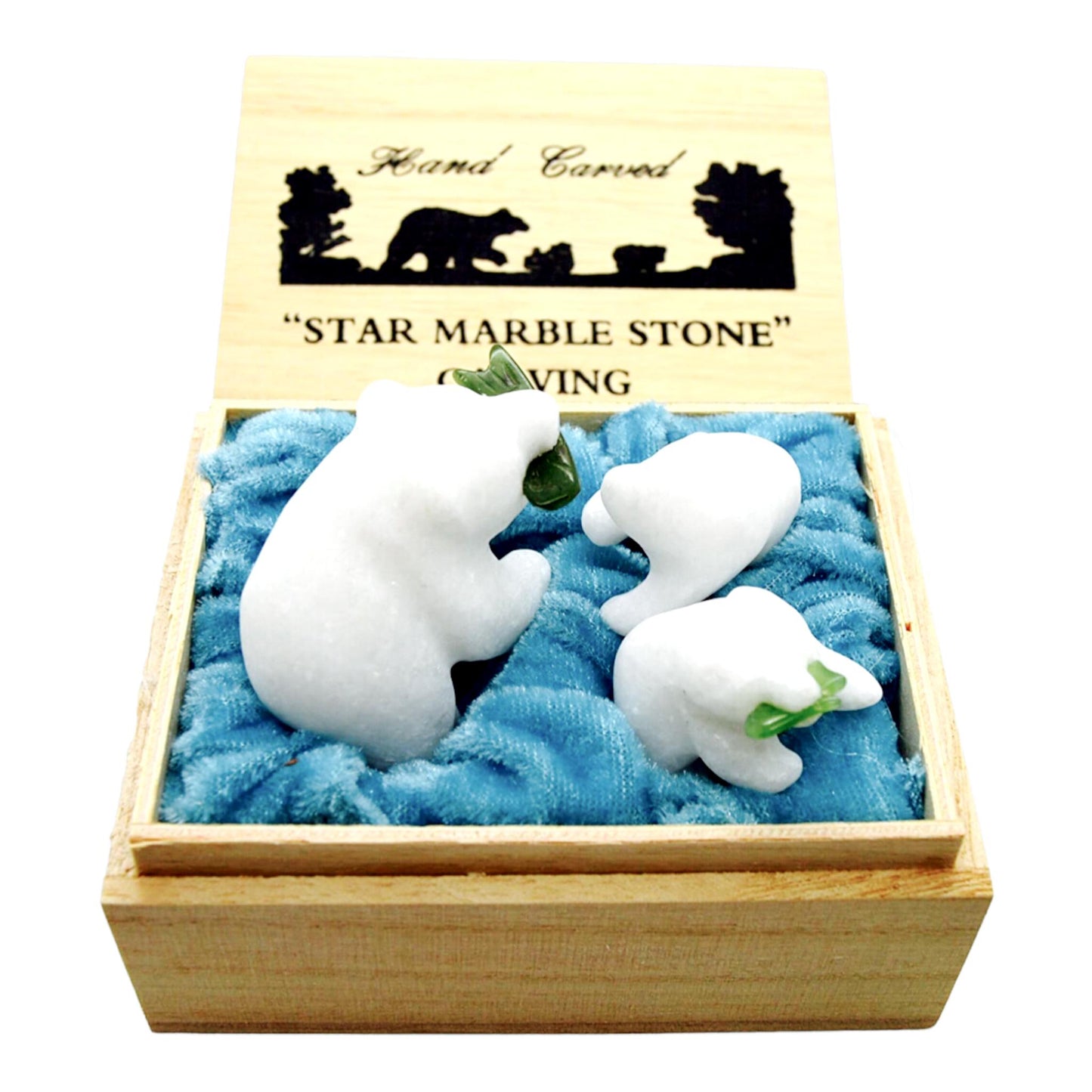 Grizzly Bear Family Set Hand Carved Star Marble & Green Jade Stone