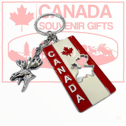 Key Fob - Canada Rectangle Keychain with Moose Head Pendant Keyring - High Quality Metal