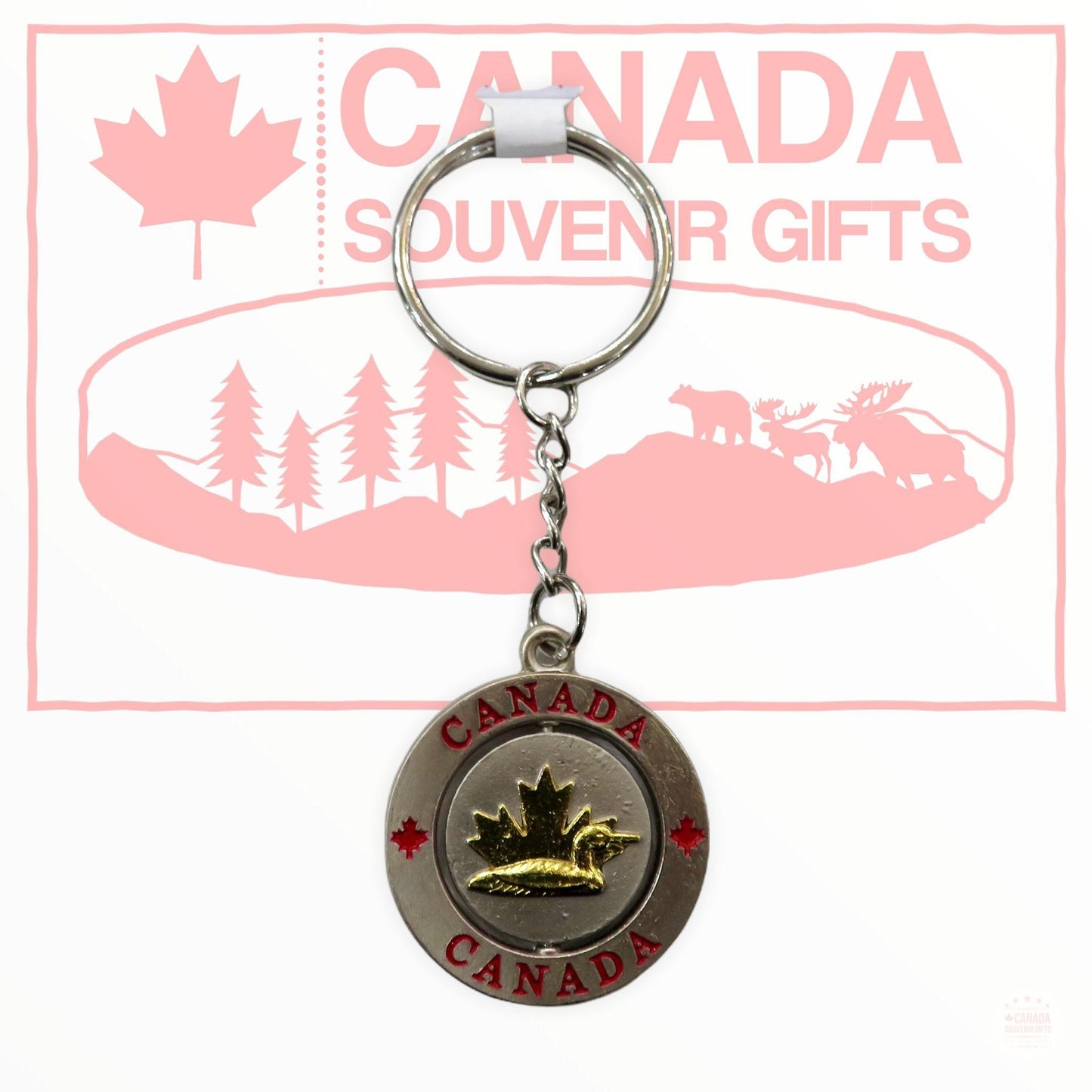 Key Holder - Canada Maple Leaf & Duck Spinning Keychain Metal Key Ring