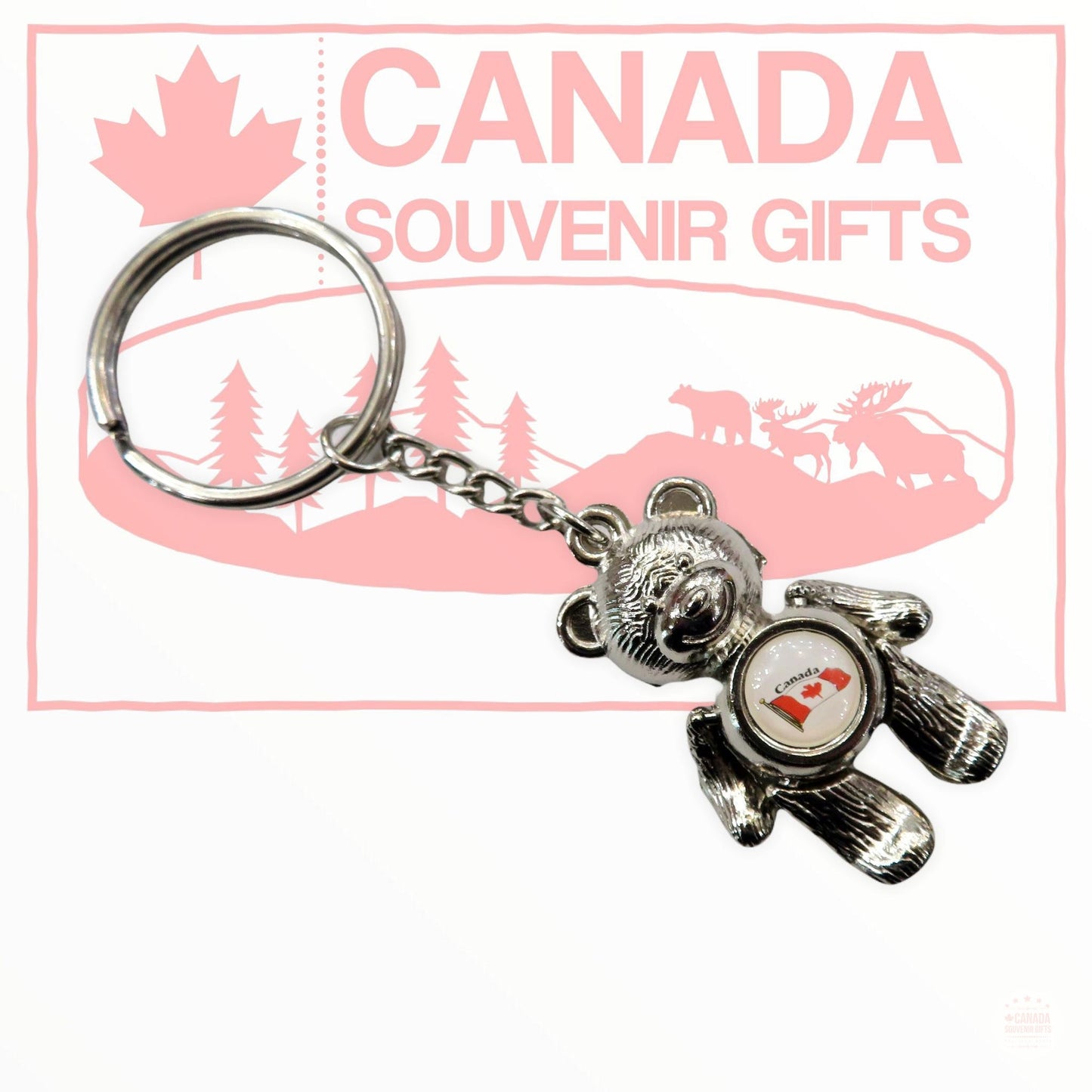 Porte-clés - Drapeau du Canada, porte-clés en métal ours chromé - Bras et jambes mobiles