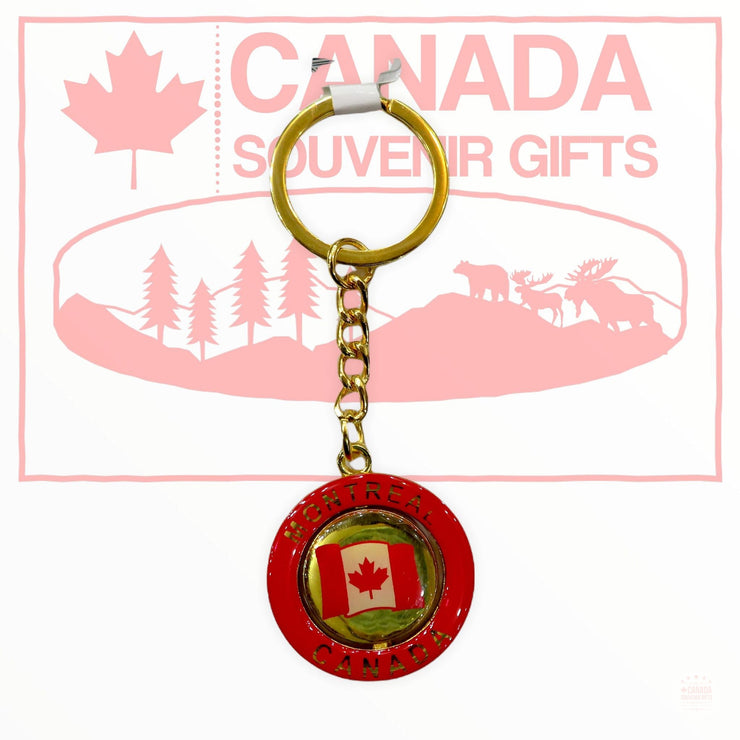 Keychain - Montreal Metal Key Ring - Canada Flag Spinning - Epoxy Themed Designed Key Holder