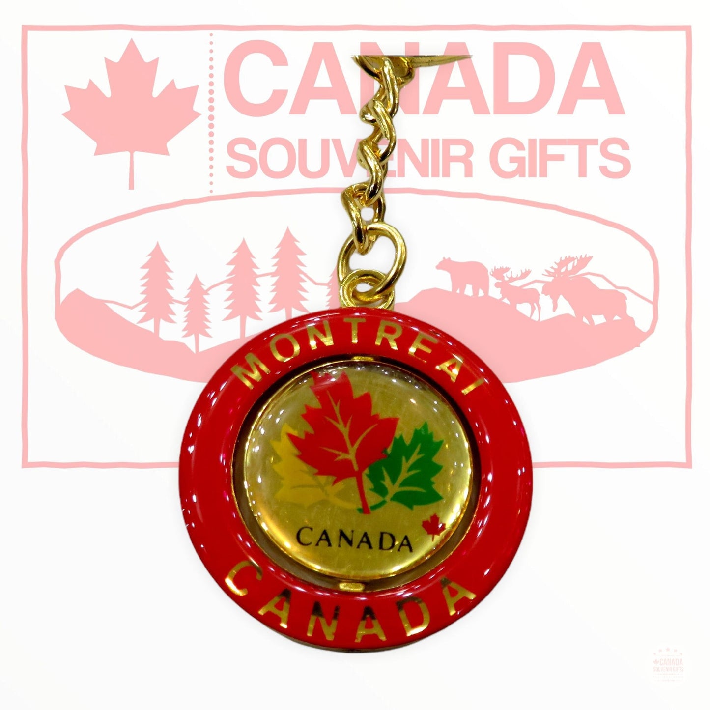 Keychain - Yellow/Red/Green Maple Leaf Spinner - Canada Keyring