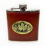 Leather Liquor Flask, 6-Ounce, Brown with Maple Leaf 3D Metal Theme