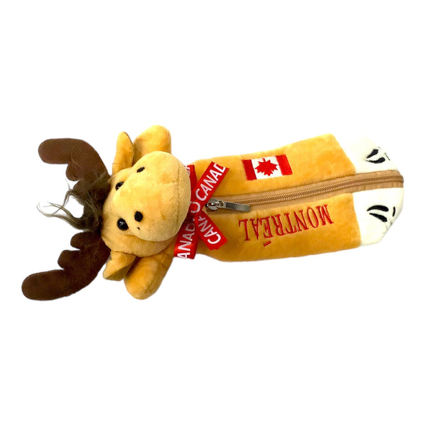 MOOSE BEAR PENCIL CASE PLUSH W/ CANADIAN FLAG AND MONTREAL NAME DROP EMBROIDERY