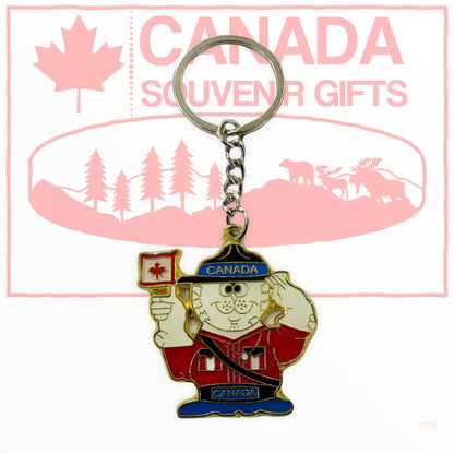 Metal Diecast Keychain - Beaver RCMP Officer Holding Canada Flag | Key Holder Souvenir Porte Cle