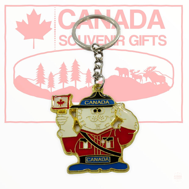 Metal Diecast Keychain - Beaver RCMP Officer Holding Canada Flag | Key Holder Souvenir Porte Cle