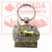 Metal Keychain - Canada Moose in Gold Tone Key Holder - Silver Tone Background Key Fob