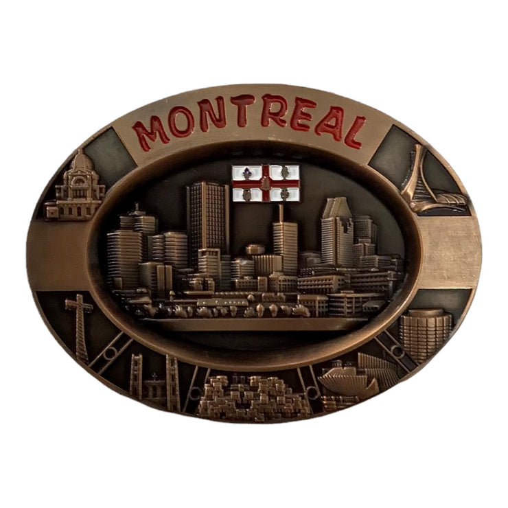 Montreal 3D Skyline Vintage Fridge Magnet Oval Shaped Metal Die Cast Silver Bronze and Chrome Tone