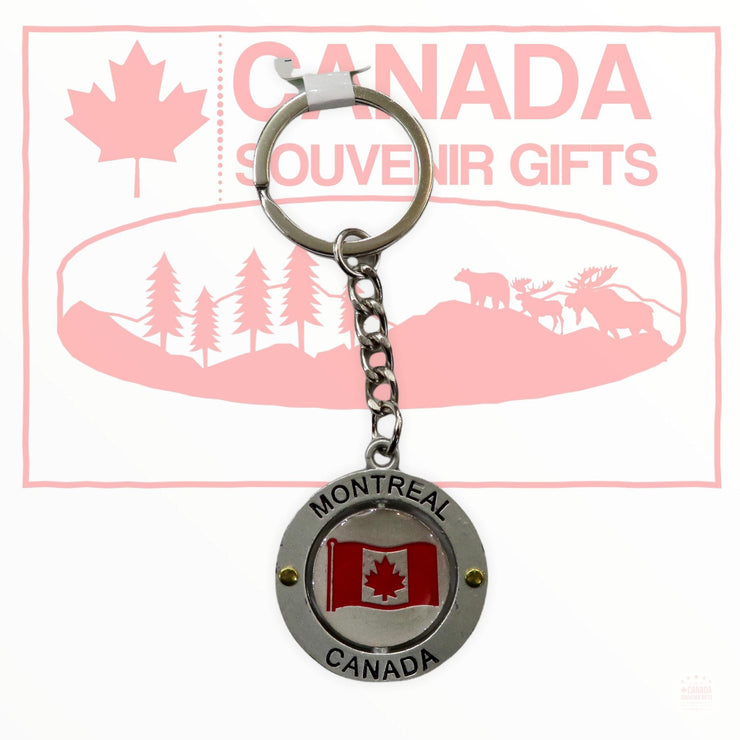 Montreal Canada Keychain Circle Shape with Canadian Flag Spinning in the Centre