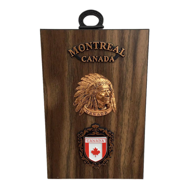 Montreal Canada Souvenir Wooden Wall Plaque Native Indian Figurine on Hickory 4”x6”