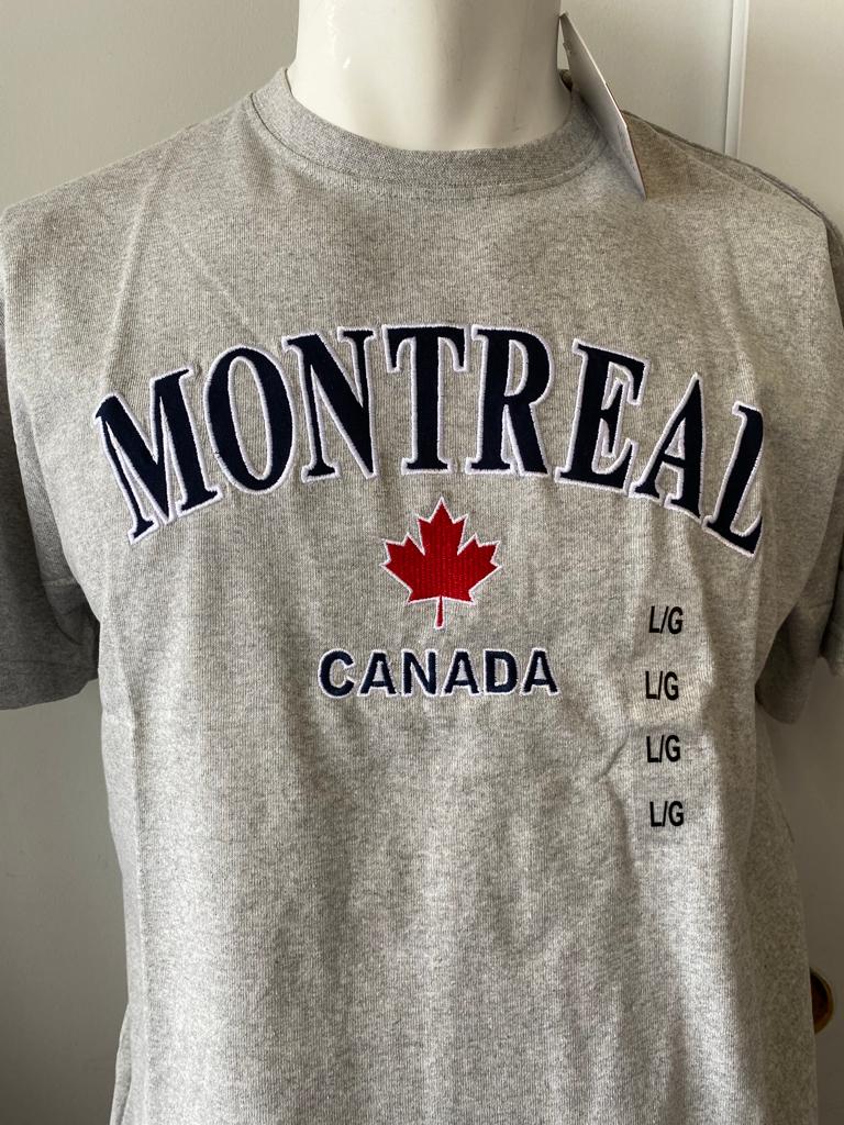 Montreal Embroidery Adult Unisex T-shirt Gray w/ Red Maple Leaf