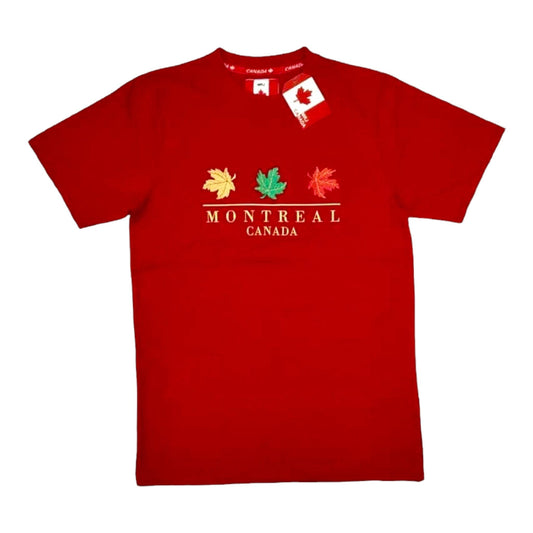 T-shirt unisexe adulte broderie rouge de Montréal avec feuille d'érable jaune vert rouge