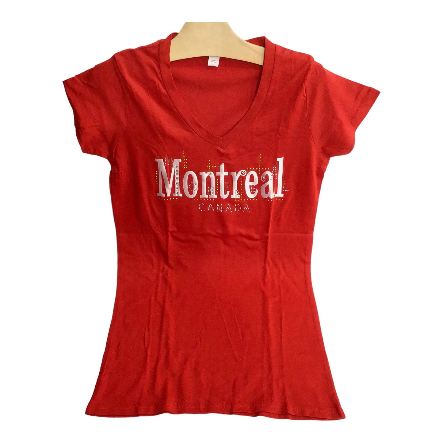 Montréal Rhinestone & Print Mixed Women’s Red T Shirt V Neck