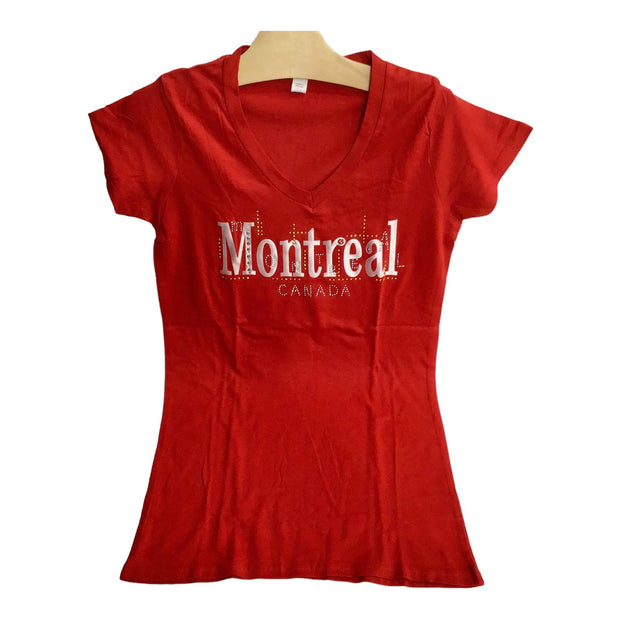 Montréal Rhinestone & Print Mixed Women’s Red T Shirt V Neck
