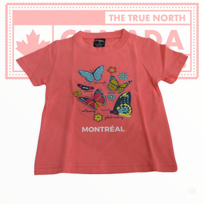 Montreal Salmon 2-6 Years Kids T-Shirt w/ Butterfly & Flowers Print - blue morpho, the postman - monarch - red lacewing, goliath birdwing