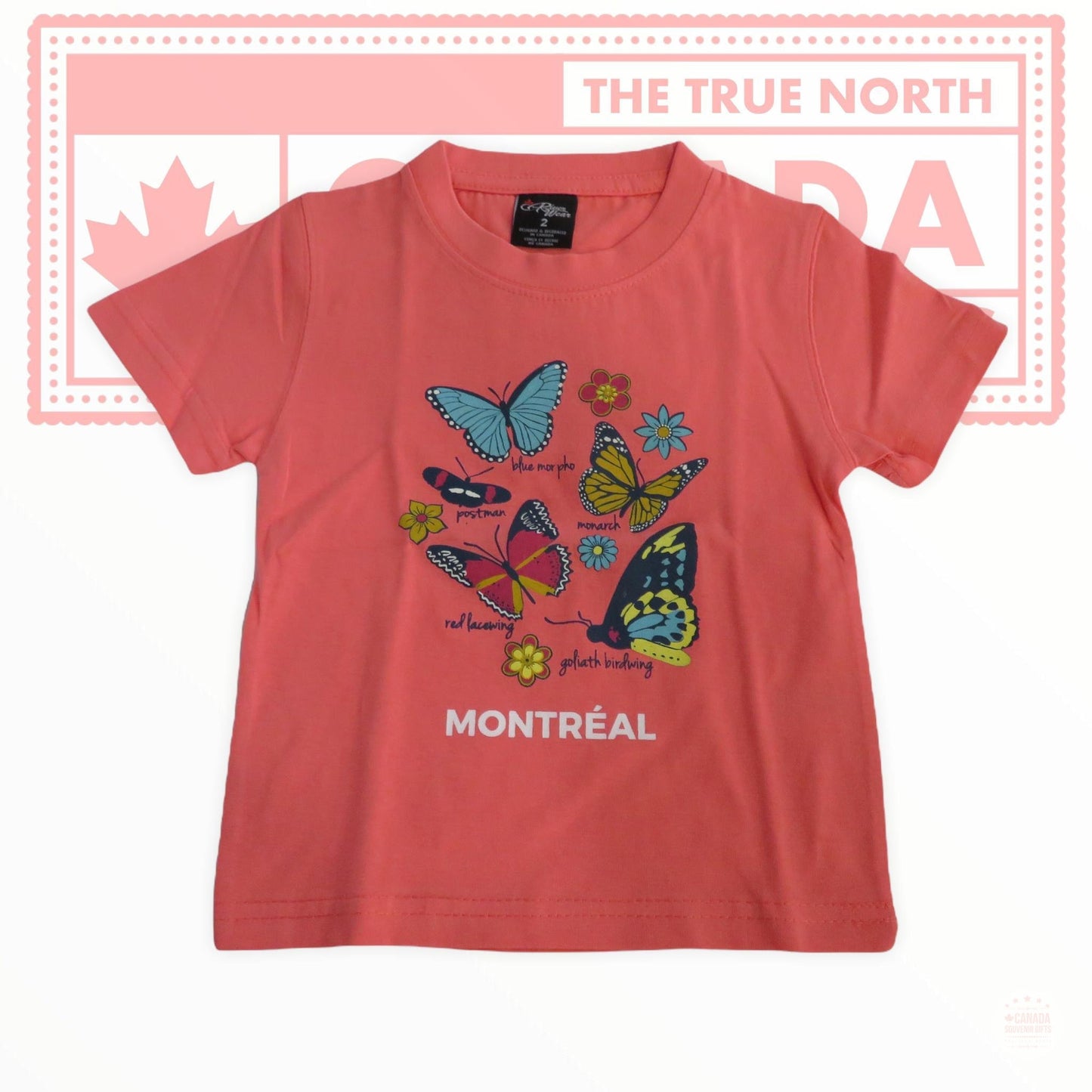 T-shirt pour enfants de 2 à 6 ans de saumon de Montréal avec imprimé papillon et fleurs - morpho bleu, le facteur - monarque - chrysope rouge, aile d'oiseau goliath