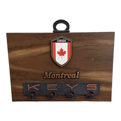 Montreal Souvenir Wall Plaque Maple Leaves with Key Holder on Hickory 6” x 4”