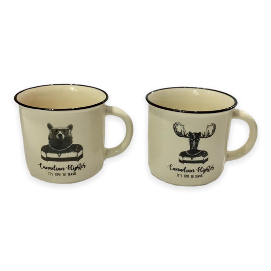 Moose and Bear Canadian Hipster It’s Time to Travel Cream Color Ceramic Coffee Mug Set
