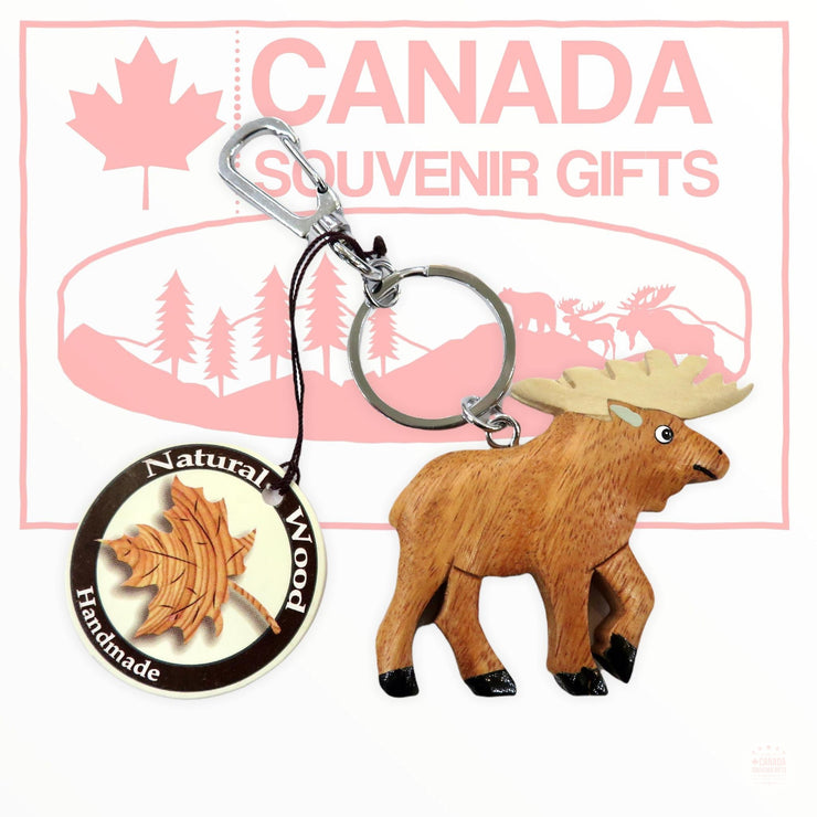 Natural Wood Keychain - Canadian Moose Wooden Keychain Handmade Key Ring