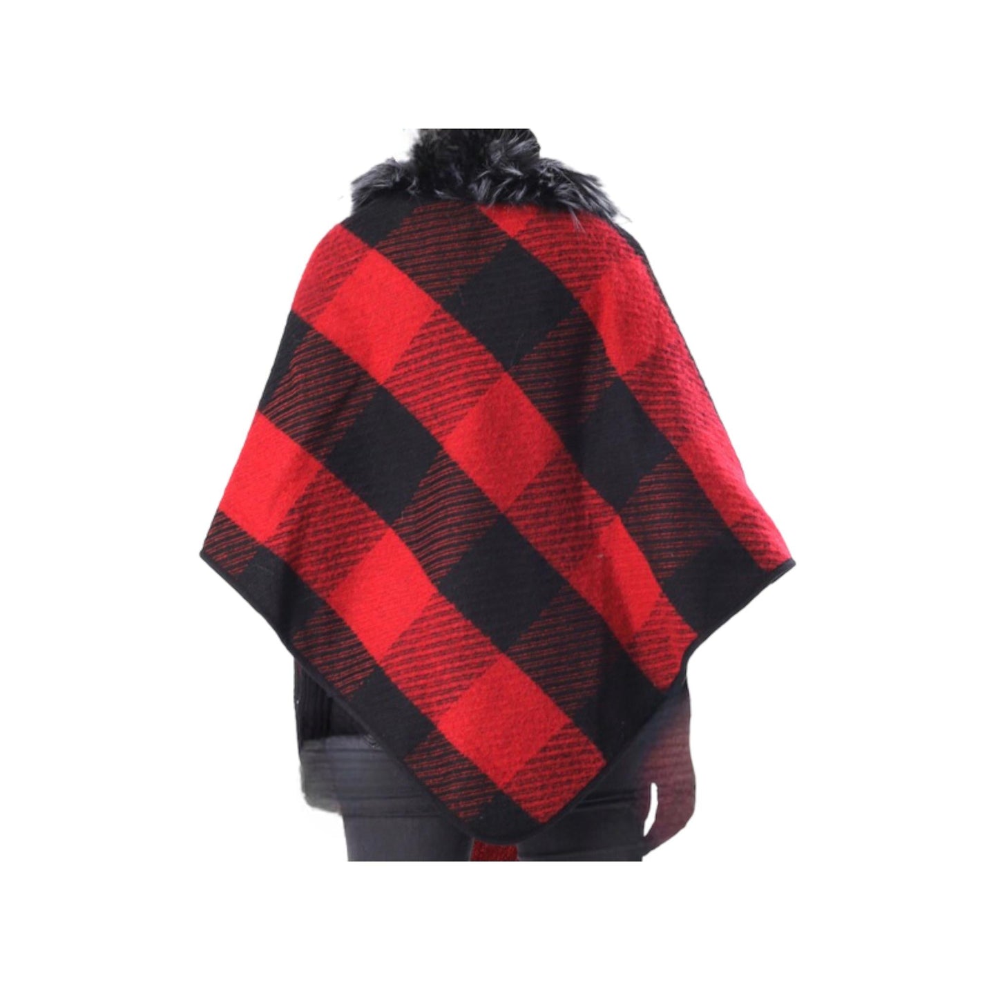 One Size Faux Fur Collar Plaid Pullover Poncho Shawl w/Pockets