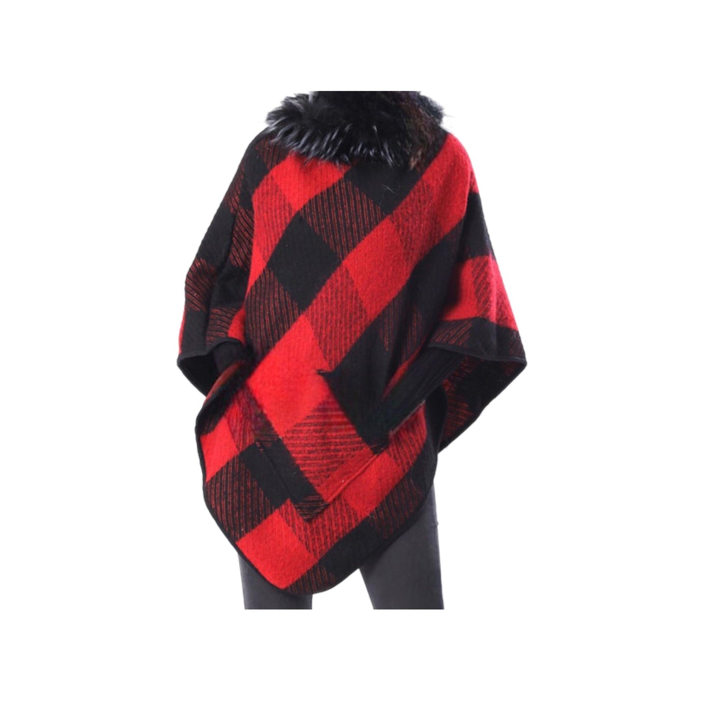 One Size Faux Fur Collar Plaid Pullover Poncho Shawl w/Pockets