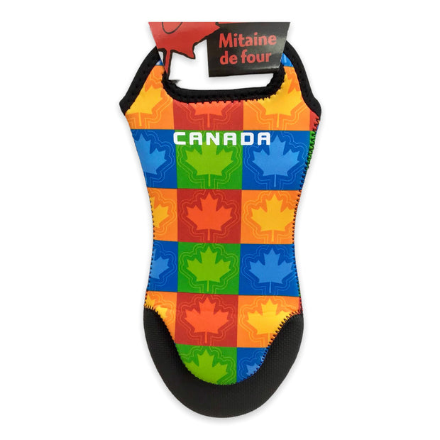 Oven Mitt Canada multicoloured maple leaf silicone found on gripping side
