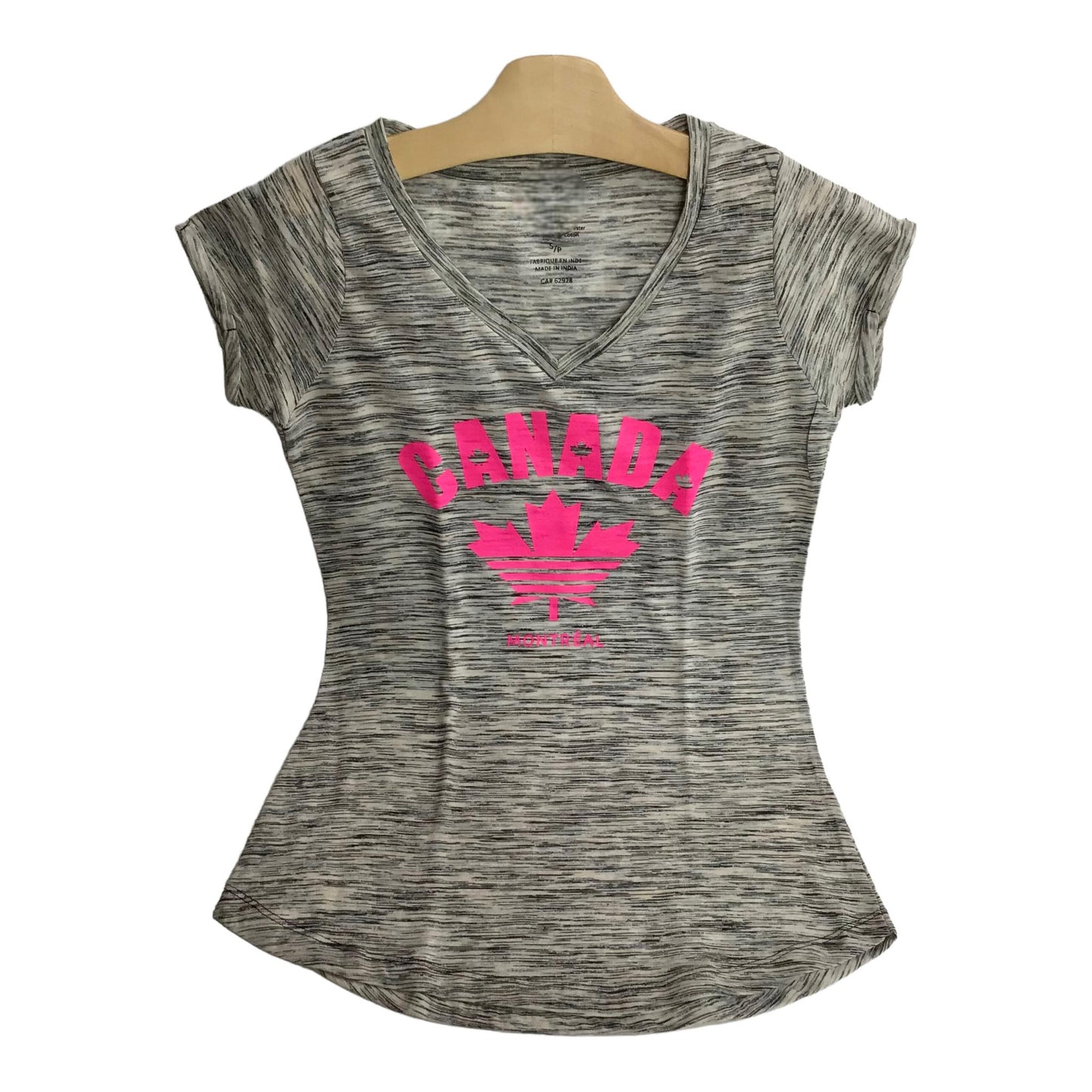 Pink Maple Leaf Canada Women V-Neck T-shirt on Mixed Charcoal Background Shirt