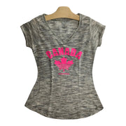 Pink Maple Leaf Canada Women V-Neck T-shirt on Mixed Charcoal Background Shirt