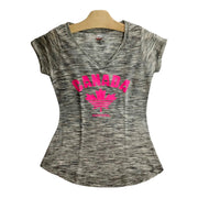 Pink Maple Leaf Canada Women V-Neck T-shirt on Mixed Charcoal Background Shirt